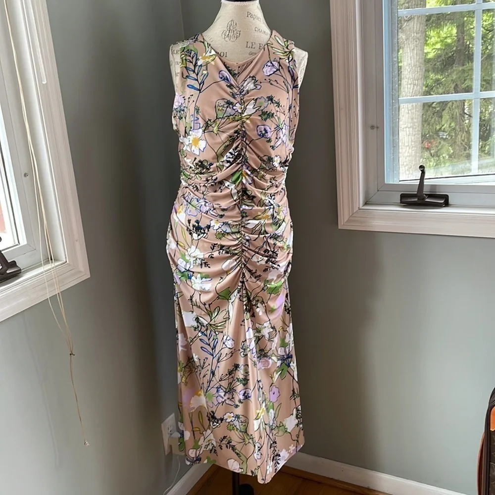 Halogen Floral Print Midi Dress - Beige and Green